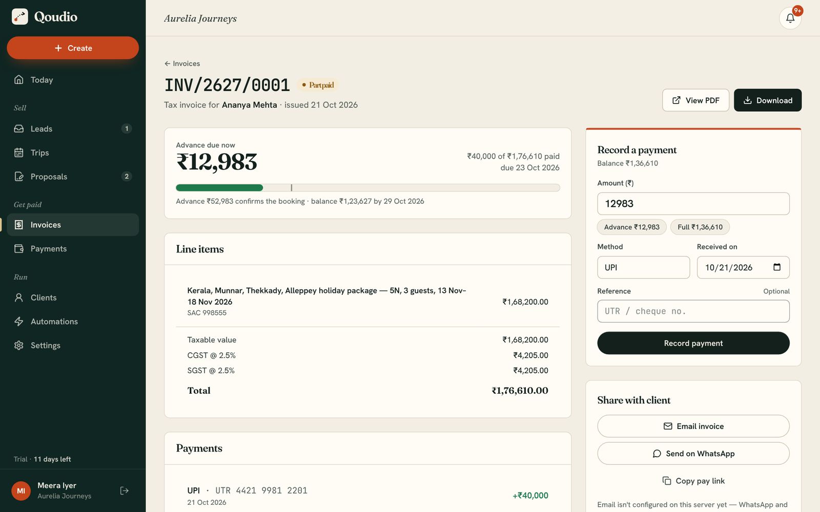TripOrbit invoice INV/2627/0001, partly paid, with line items, CGST and SGST, advance due and a form to record a payment.
