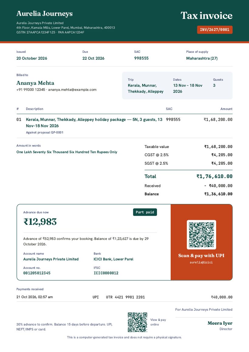 GST tax invoice PDF with CGST and SGST, amount in words, bank details and a UPI QR code for the advance.