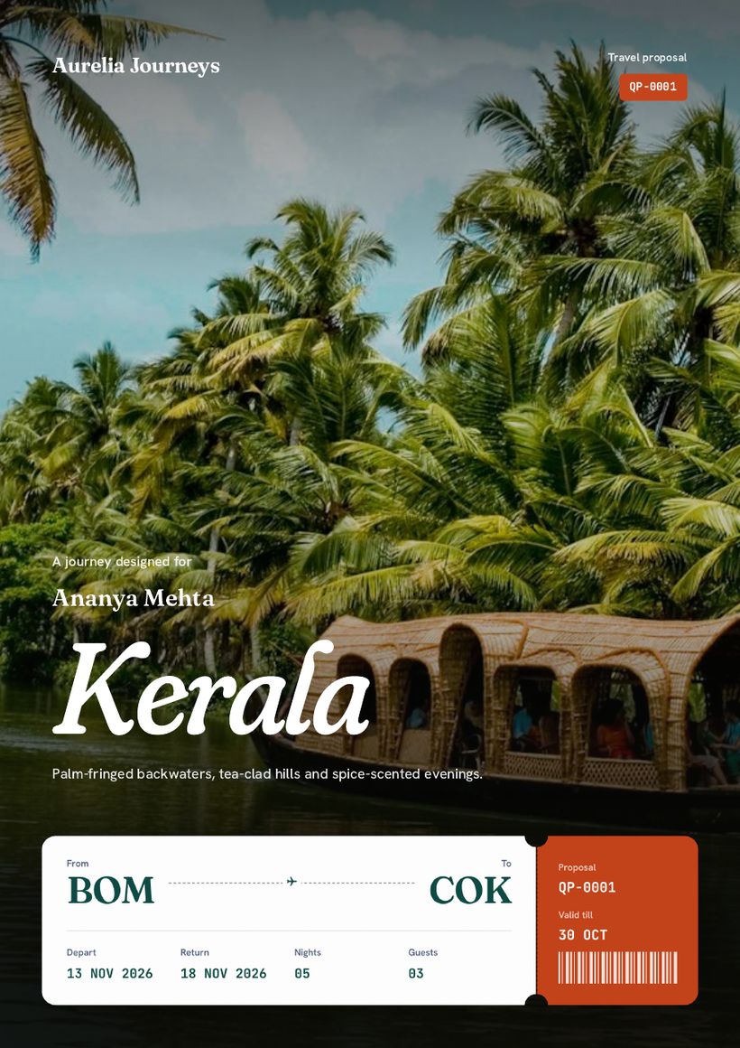 Proposal PDF cover page for a Kerala trip with the agency name, boarding-pass style route BOM to COK and trip details.