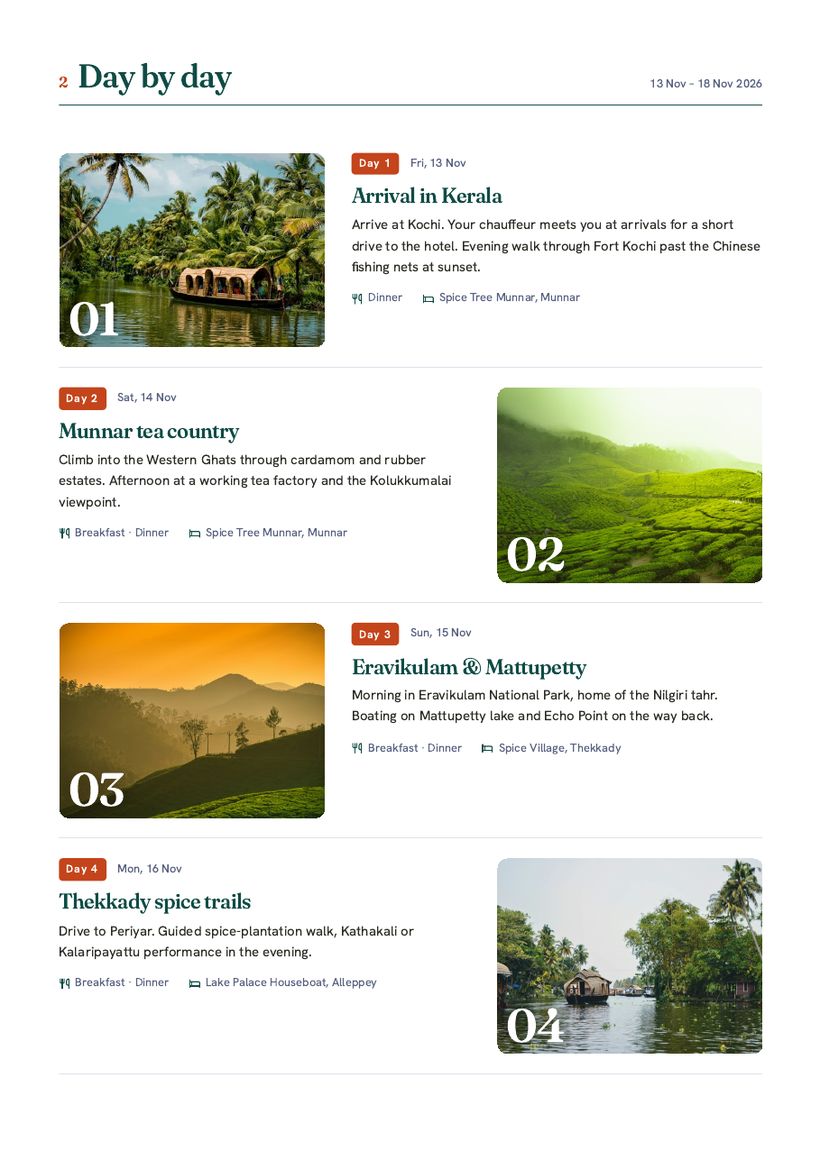Proposal PDF day-by-day page with a photo for each day, meals and the hotel for the night.